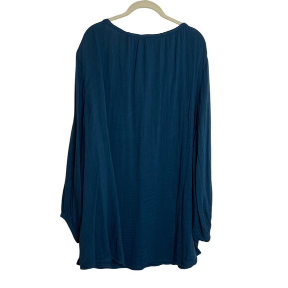 Old Navy Womens Plus Blouse 2X Teal Blue Peasant Tunic Crinkle Long Sleeve Boho - Picture 3 of 7
